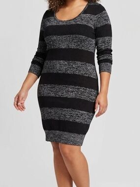 Torrid Black & Gray Striped Scoop Neck Sweater Dress With Silver Accents